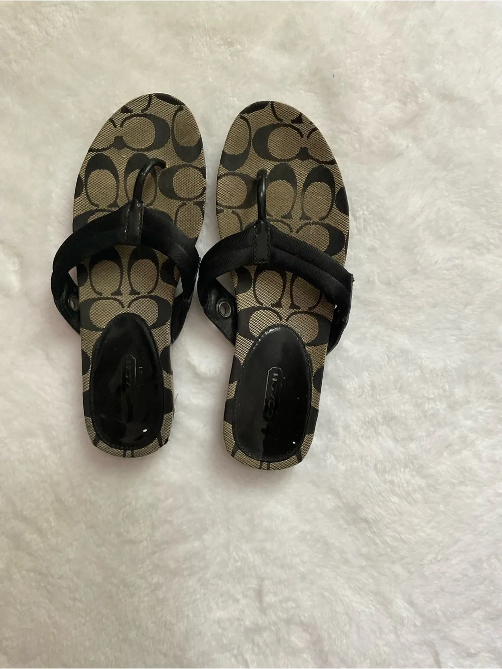Coach Kids Canvas Logo Thong Sandals in Brown and Black